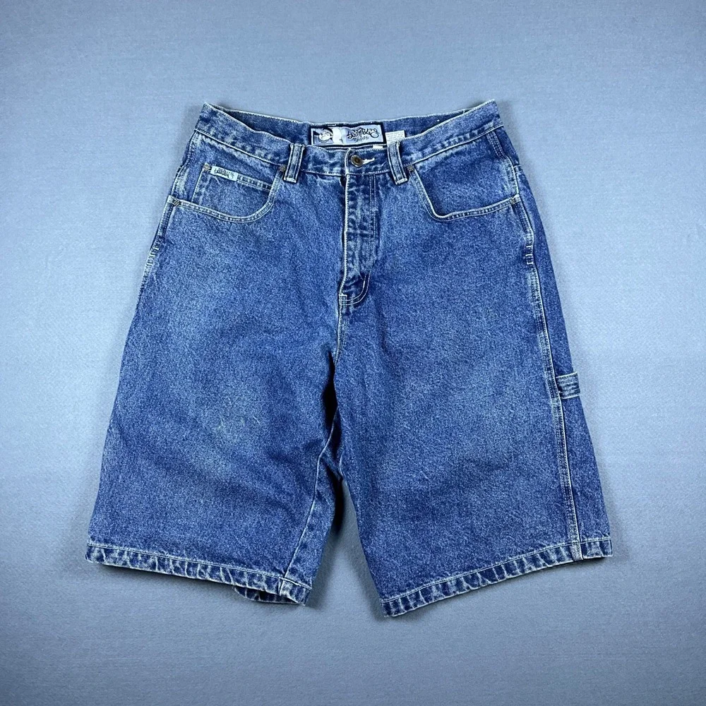 Southpole Mens Vintage Baggy Carpenter Denim Shorts Blue Embroidered Size 34